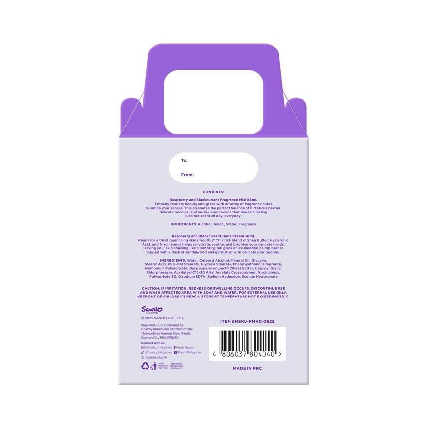 FRESH Kuromi Raspberry and Blackcurrant Fragrance Mist 88ml with Hand Cream 30ml