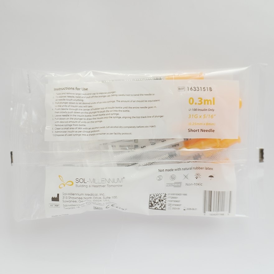 SOL M Insulin Syringe with Fixed Needle U-100 Insulin Only 0.3mL (31G x 5/16") *8mm