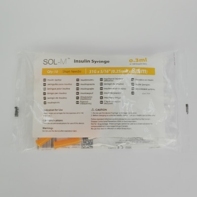 SOL M SOL M Insulin Syringe with Fixed Needle U-100 Insulin Only 0.3mL (31G x 5/16") *8mm