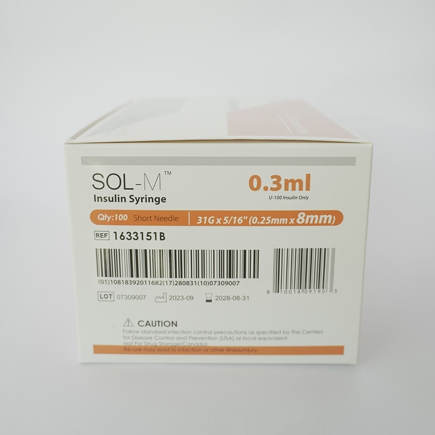 SOL M Insulin Syringe with Fixed Needle U-100 Insulin Only 0.3mL (31G x 5/16") *8mm