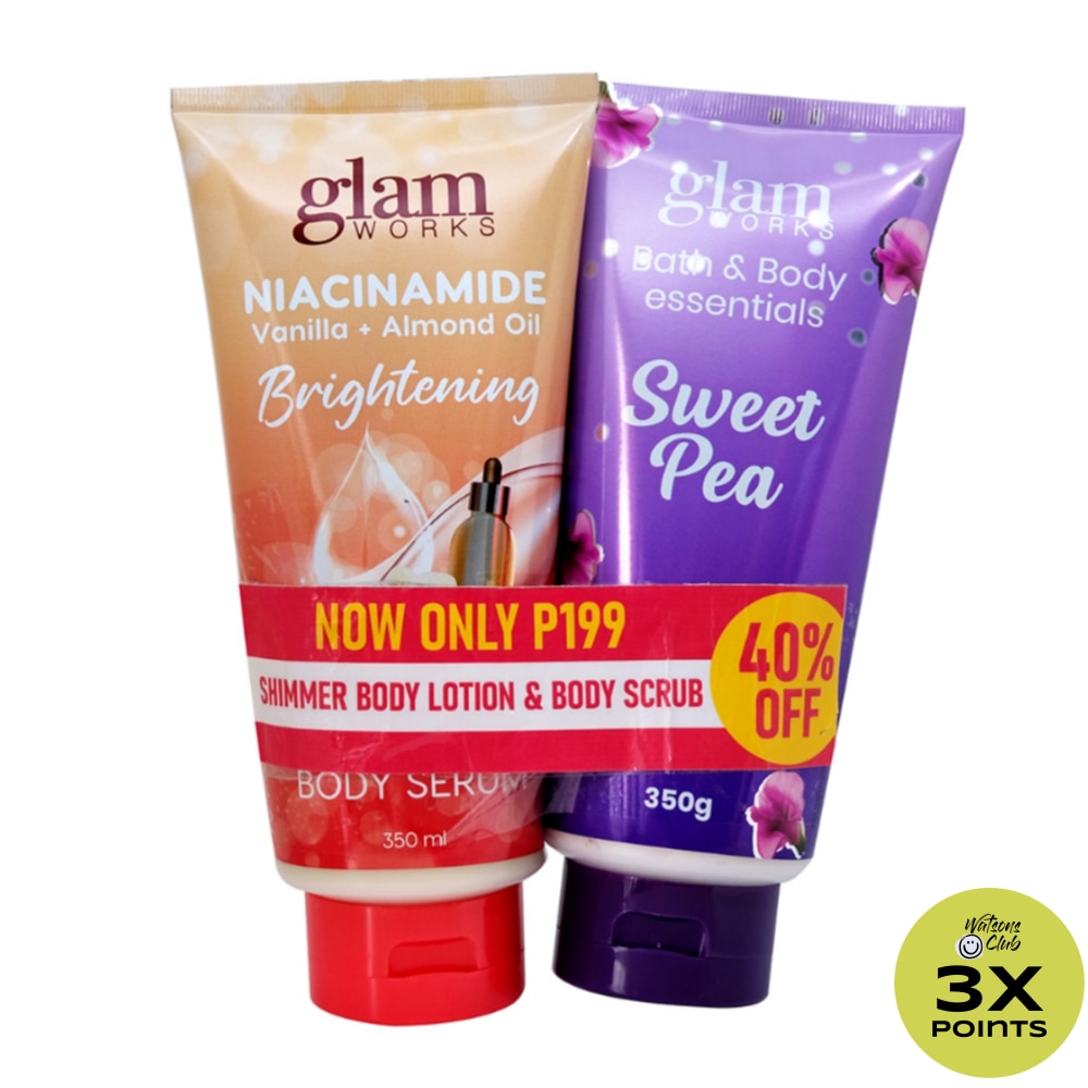 GLAMWORKS Sweet Pea Body Scrub with Niacinamide Brightening Lotion Bundle