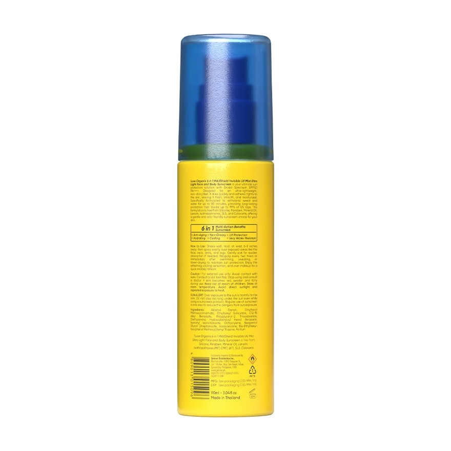 LUXE ORGANIX 6-in-1 Maxshield Invisible UV Mist Ultra-Light Face & Body Sunscreen Cooling SPF150 90ml