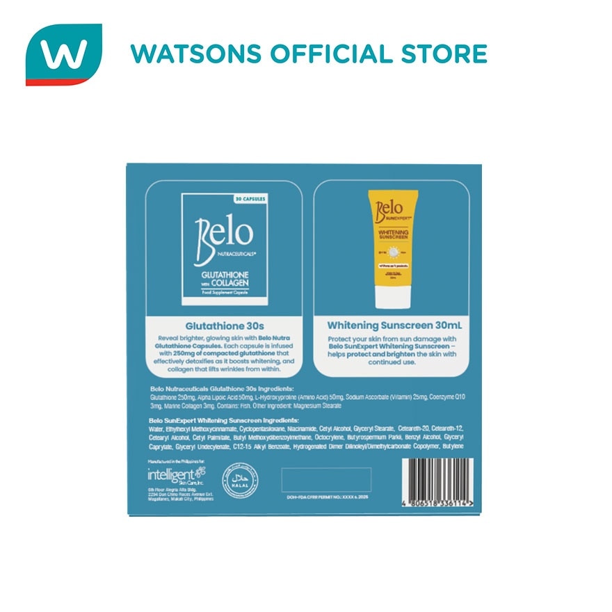 BELO Glutathione Capsule 30s x Whitening Sunscreen SPF50 30ml Bundle