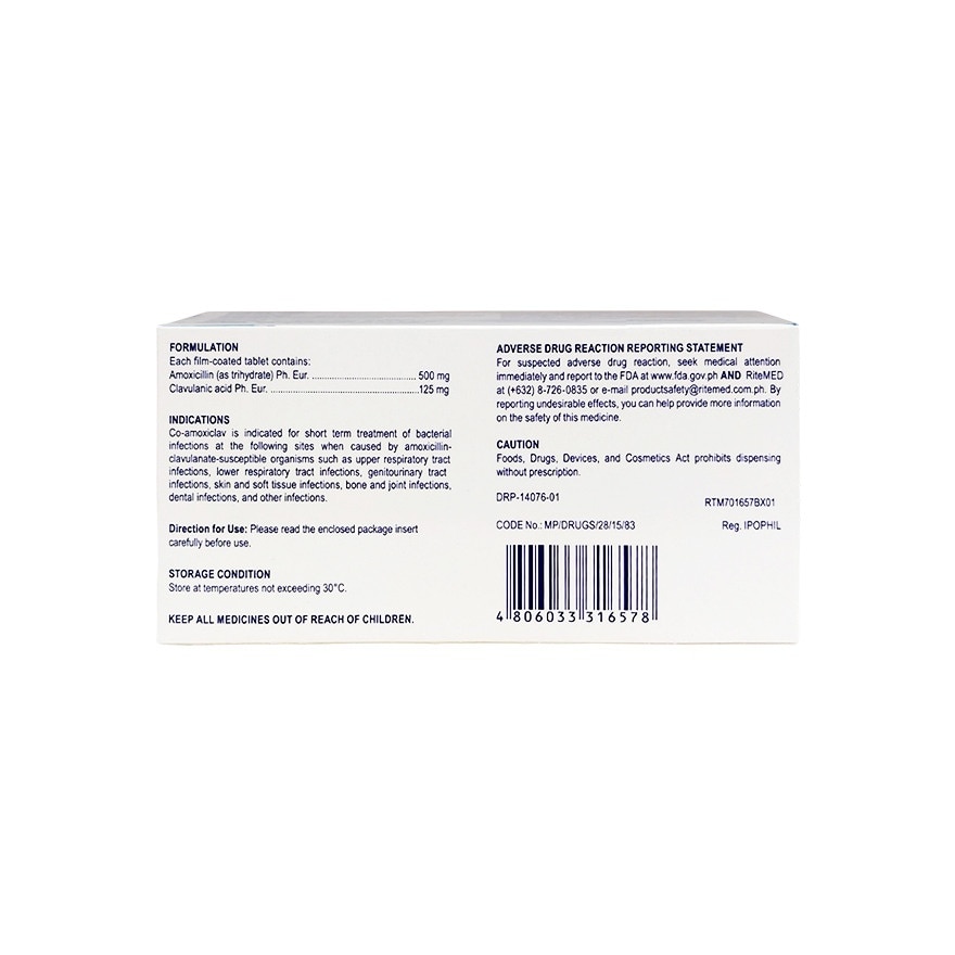 RITEMED Co-Amoxiclav 625mg Film Coated Tablet Sold Per Piece [PRESCRIPTION REQUIRED]