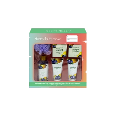 BODY IN BLOOM BODY IN BLOOM Body Wash, Lotion, Scrub, Body Salt & Puff Blueberry Lemon Gift Set