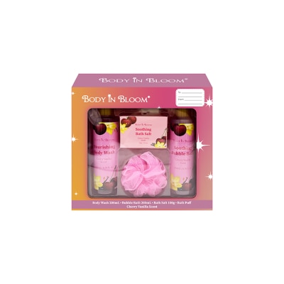 BODY IN BLOOM BODY IN BLOOM Body Wash x Bubble Bath x Bath Salt with Puff Cherry Vanilla Gift Set