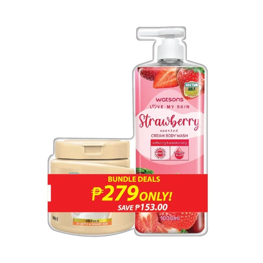 WATSONS Scented Cream Body Wash Strawberry 1L x Treatment Wax Milk Protein 500ml Bundle