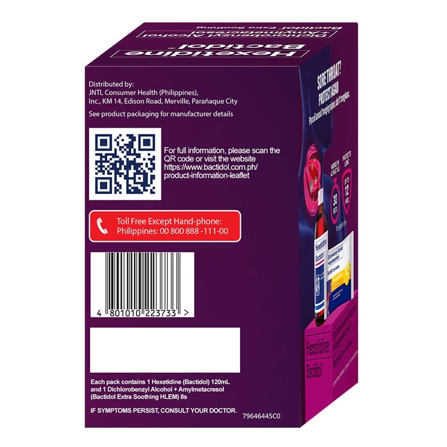 BACTIDOL Hexetidine 120ml x Free Honey Lemon Lozenges 8s Bundle