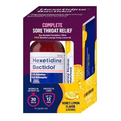 BACTIDOL BACTIDOL Hexetidine 120ml x Free Honey Lemon Lozenges 8s Bundle