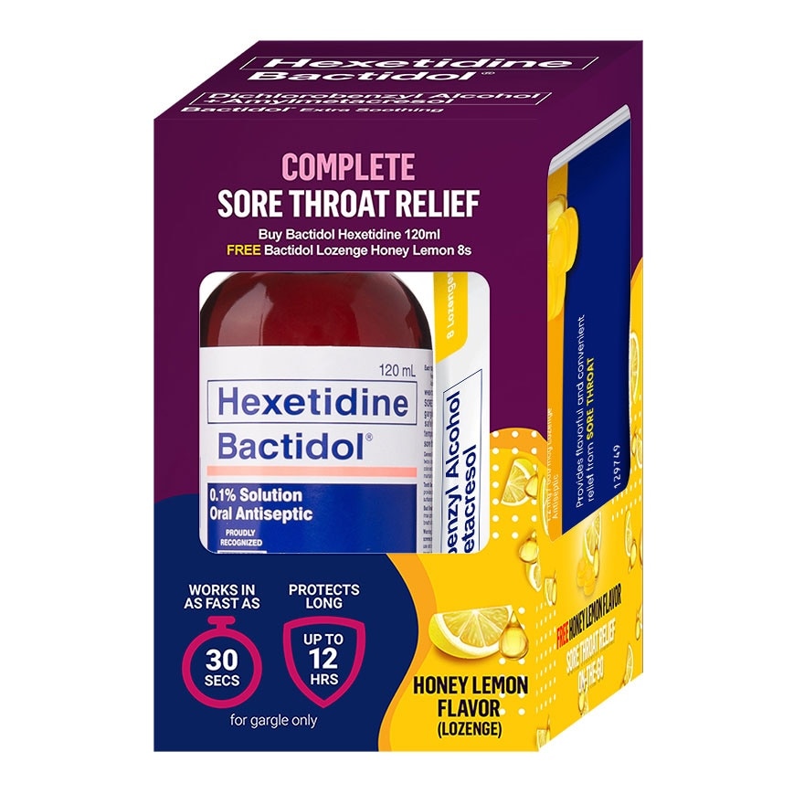 BACTIDOL Hexetidine 120ml x Free Honey Lemon Lozenges 8s Bundle