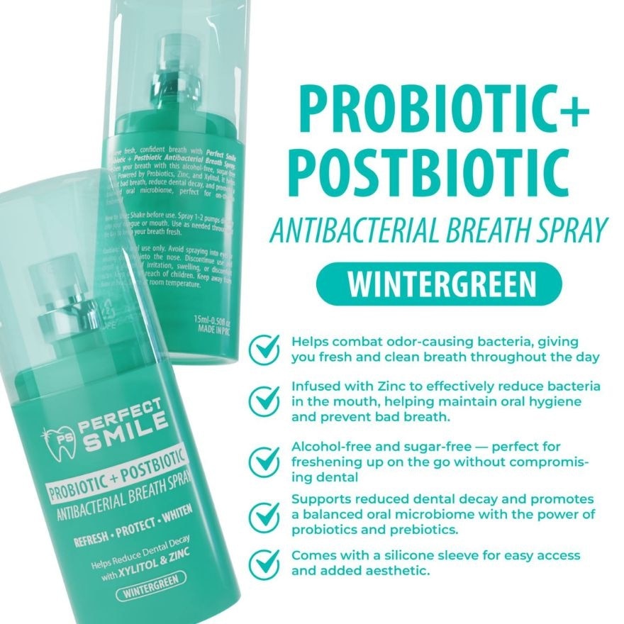 PERFECT SMILE Probiotic+Postbiotic Antibacterial Breath Spray Wintergreen 15ml