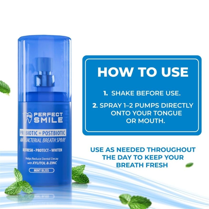 PERFECT SMILE Probiotic+Postbiotic Antibacterial Breath Spray Mint Bliss 15ml