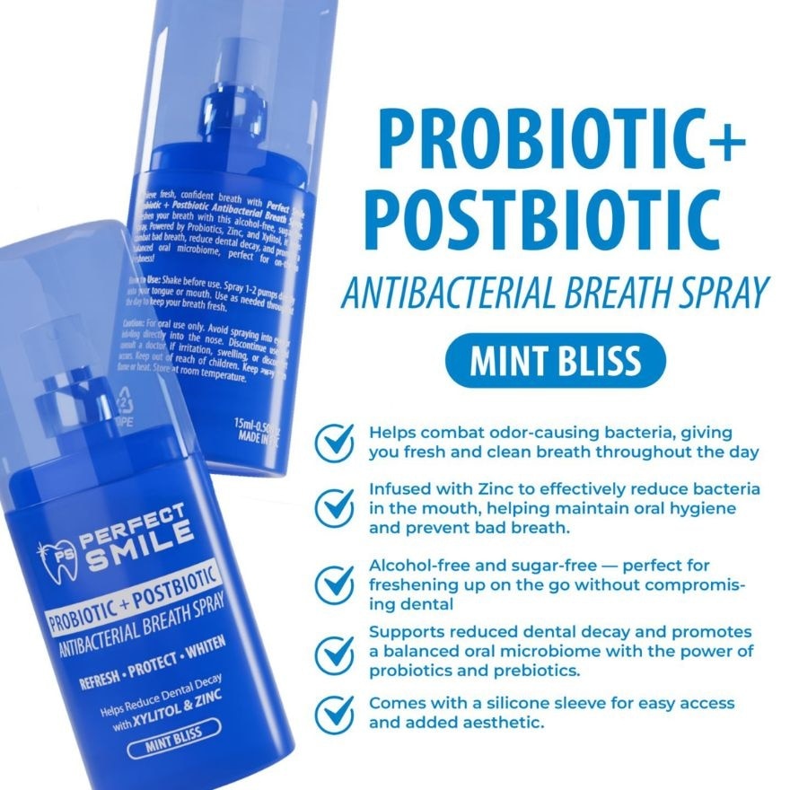 PERFECT SMILE Probiotic+Postbiotic Antibacterial Breath Spray Mint Bliss 15ml