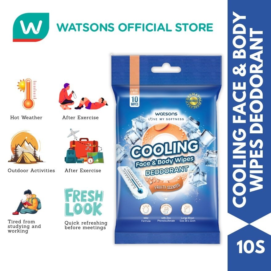 WATSONS Cooling Face & Body Wipes Deodorant 10s
