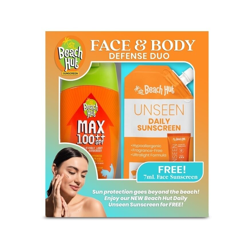 BEACH HUT Max SPF100 100ml Lotion with Free Beach Hut Daily Unseen Sunscreen 7ml Sachet