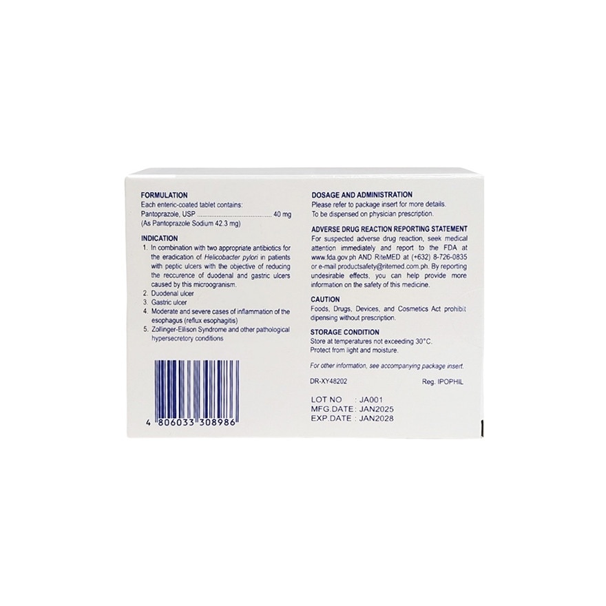 PANTOPRAZOLE Ritemed 40mg Enteric Coated Tablet Sold Per Piece [PRESCRIPTION REQUIRED]