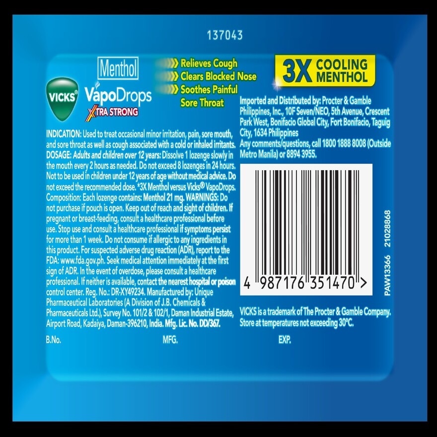 VICKS VapoDrops Xtra Strong Lemon 6s