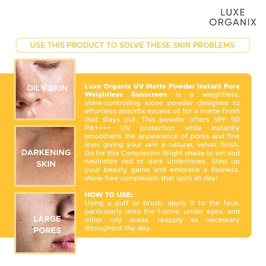 LUXE ORGANIX UV Matte Powder Instant Pore Filter Weightless Sunscreen Complexion Bright 15g