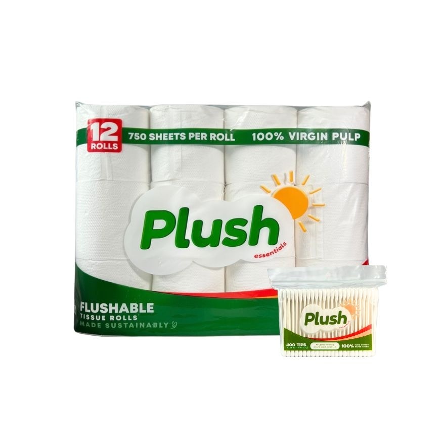 PLUSH Bathroom Tissue 12 Rolls with Free Cotton Buds 400 tips