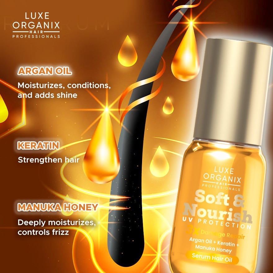 LUXE ORGANIX Soft & Nourish Serum Hair Oil Argan Oil + Keratin + Manuka Honey Damage Repair 60ml