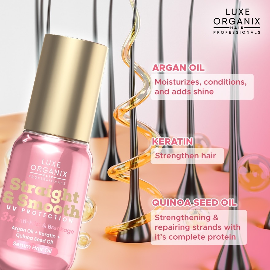 LUXE ORGANIX Straight & Smooth UV Protection 3x Anti-Frizz Argan Oil + Keratin + Quinoa Seed Oil Serum Hair Oil 60ml