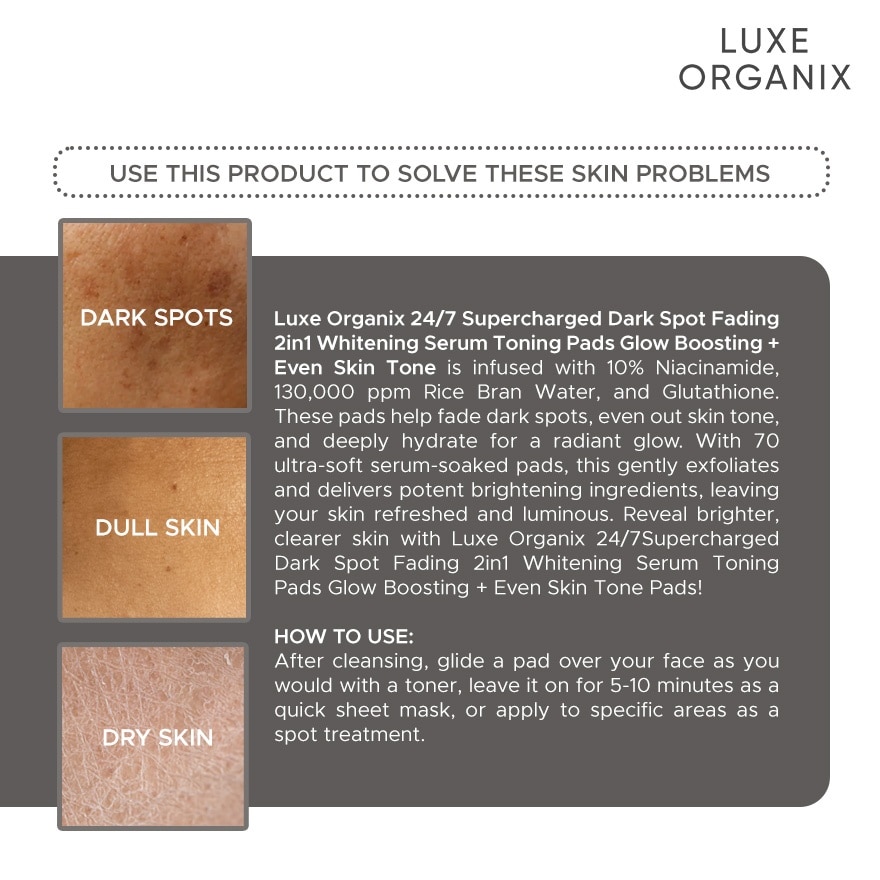 LUXE ORGANIX 24/7 Supercharged Dark Spot Fading Whitening 2in1 Serum Concentrated Pads 70s