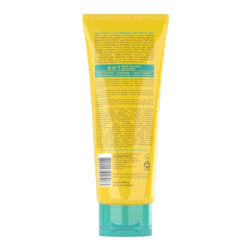 LUXE ORGANIX 6in1 MAXShield 100% Mineral Ultra Sheer Face & Body Sunscreen SPF120 100ml
