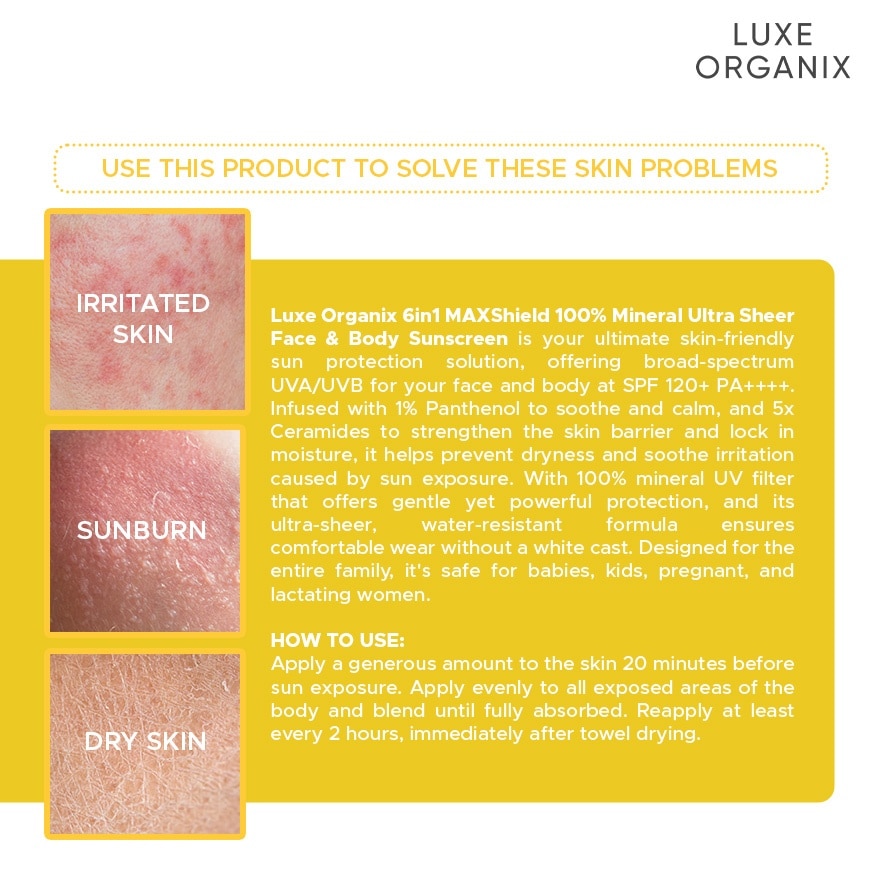 LUXE ORGANIX 6in1 MAXShield 100% Mineral Ultra Sheer Face & Body Sunscreen SPF120 100ml