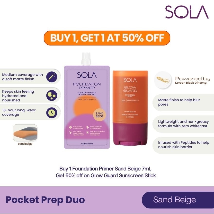 Pocket Prep Duo Foundation Primer Sand Beige 7ml and Glow Guard Sunscreen Stick 15g image