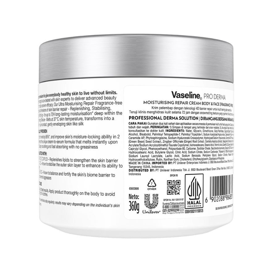 VASELINE Pro Derma Moisturising Repair Cream Fragrance Free 360g image