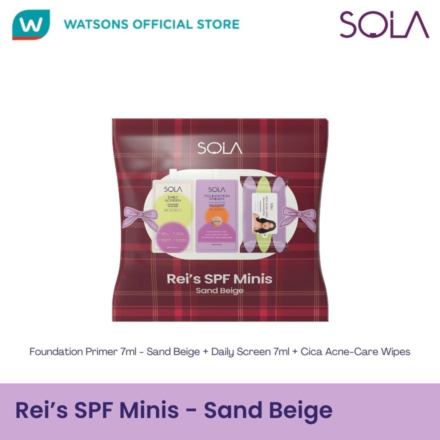 SOLA Reis SPF Minis Sand Beige Primer 7ml With Daily Screen 7ml And Cica Acne Care Wipes Bundle image