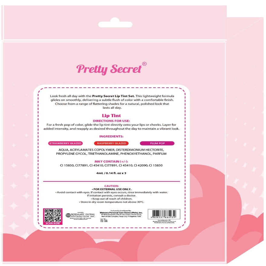 PRETTY SECRET, PRETTY SECRET Lip Tint Set 3 x 4ml with Round Mirror ...