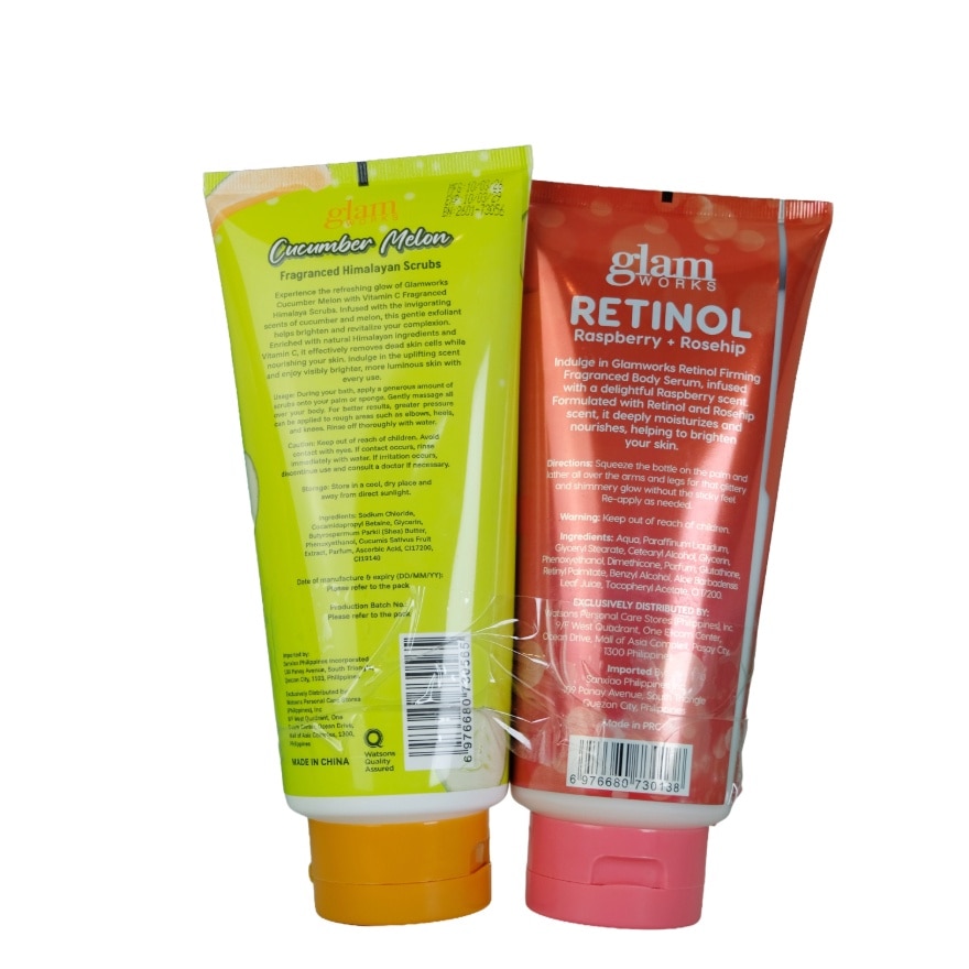 GLAM WORKS Raspberry + Rosehip Retinol Body Serum & Cucumber Melon Body Scrub Bundle 350ml x 350g image