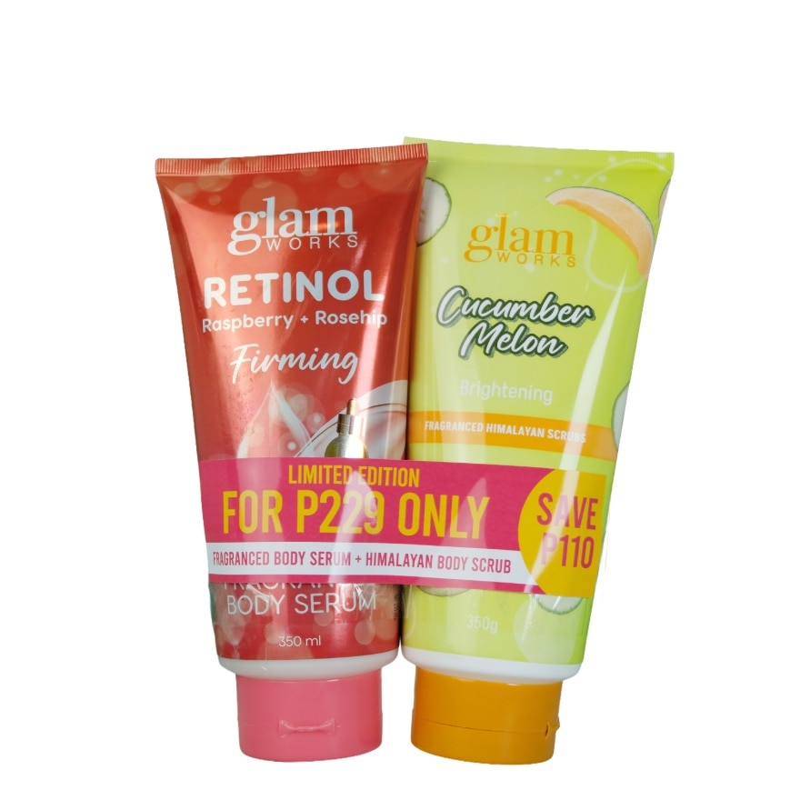 GLAM WORKS Raspberry + Rosehip Retinol Body Serum & Cucumber Melon Body Scrub Bundle 350ml x 350g image