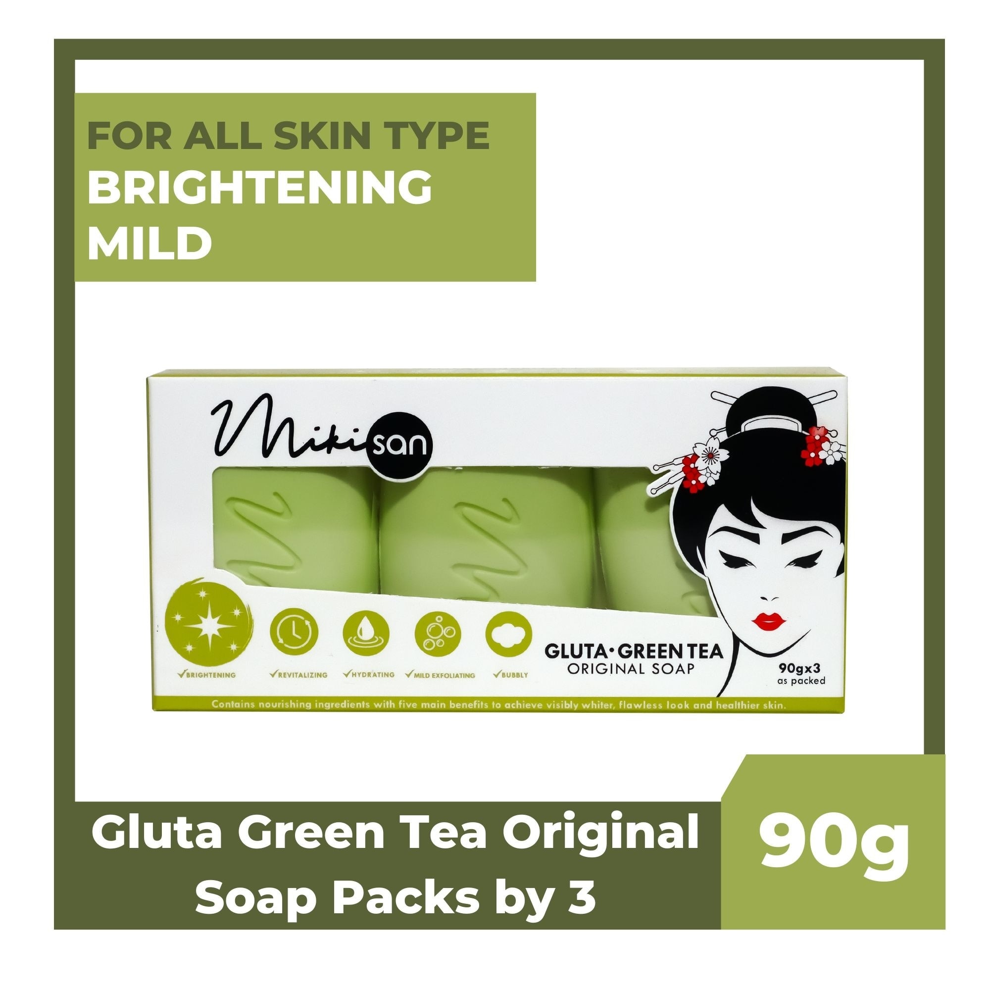 MIKI SAN, Glutathione Green Tea Original Soap 90g x 3