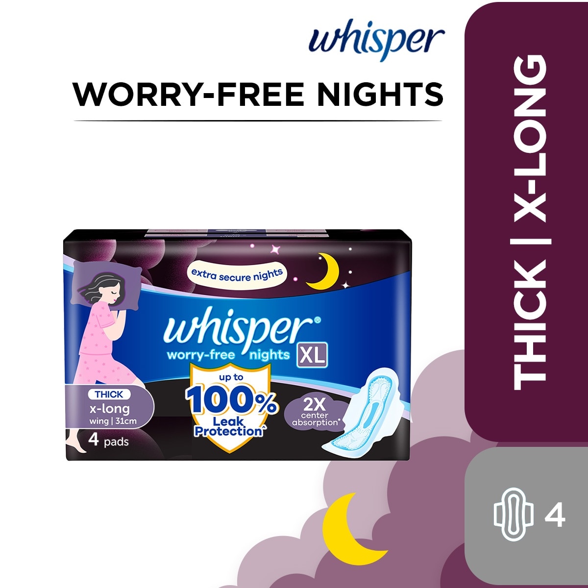 WHISPER Worry Free Nights Extra Long with Wings 4s