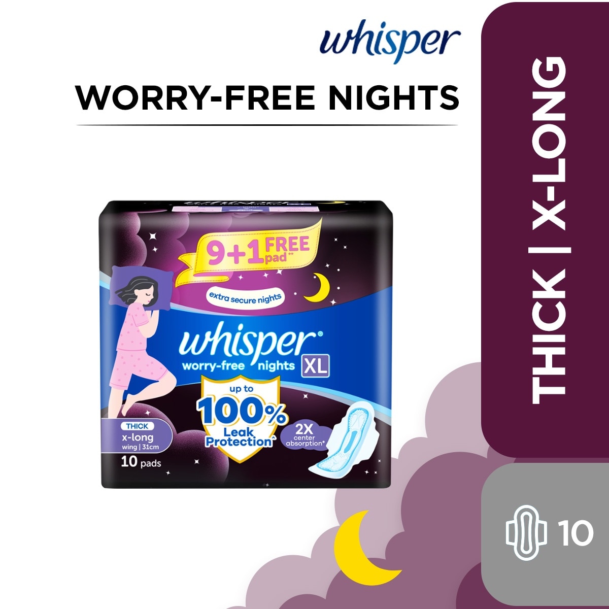 WHISPER Worry Free Nights Extra Long with Wings 10s