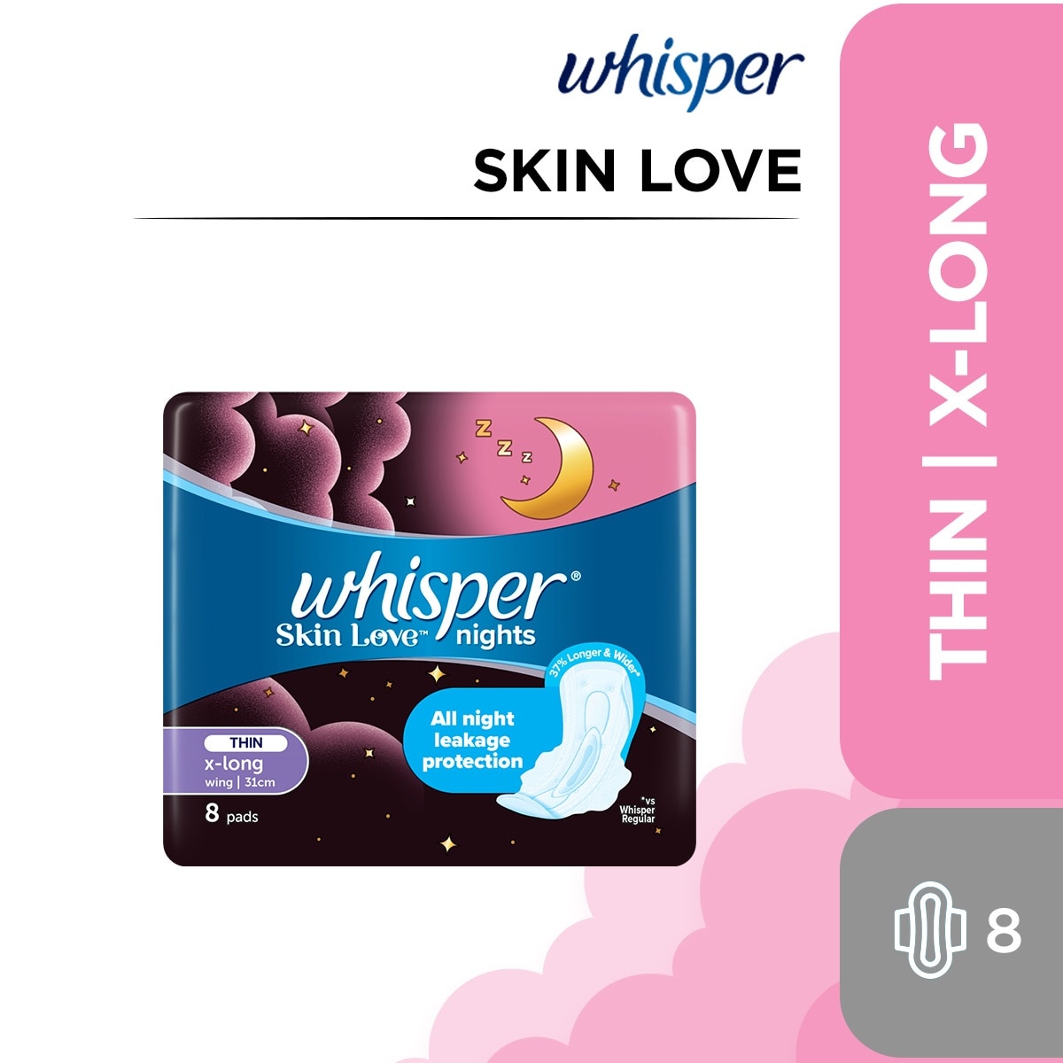 WHISPER Skin Love All Night X-Long Ultra Slim With Wings 31cm 8s [SANITARY NAPKIN]