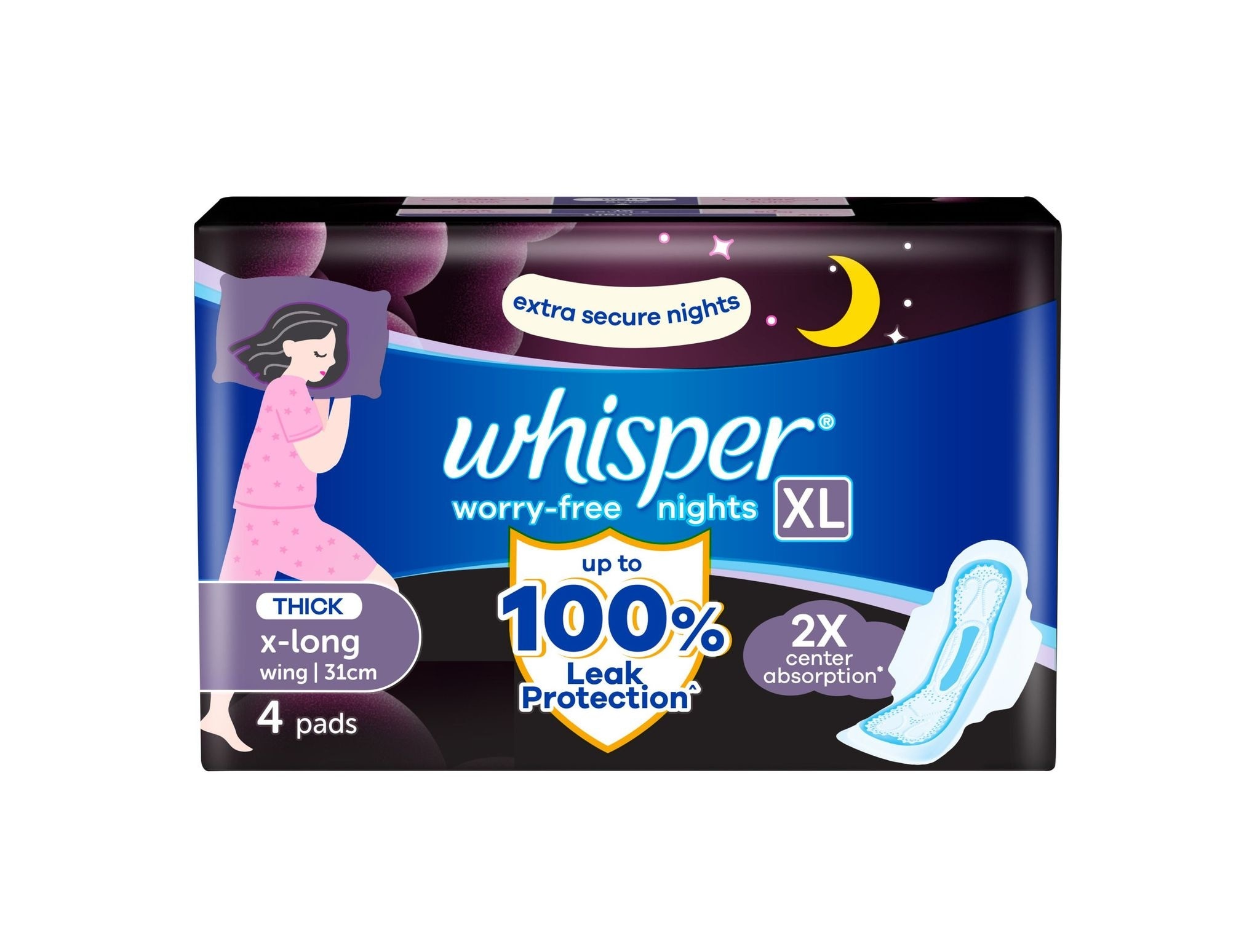 WHISPER Worry Free Nights Extra Long with Wings 4s