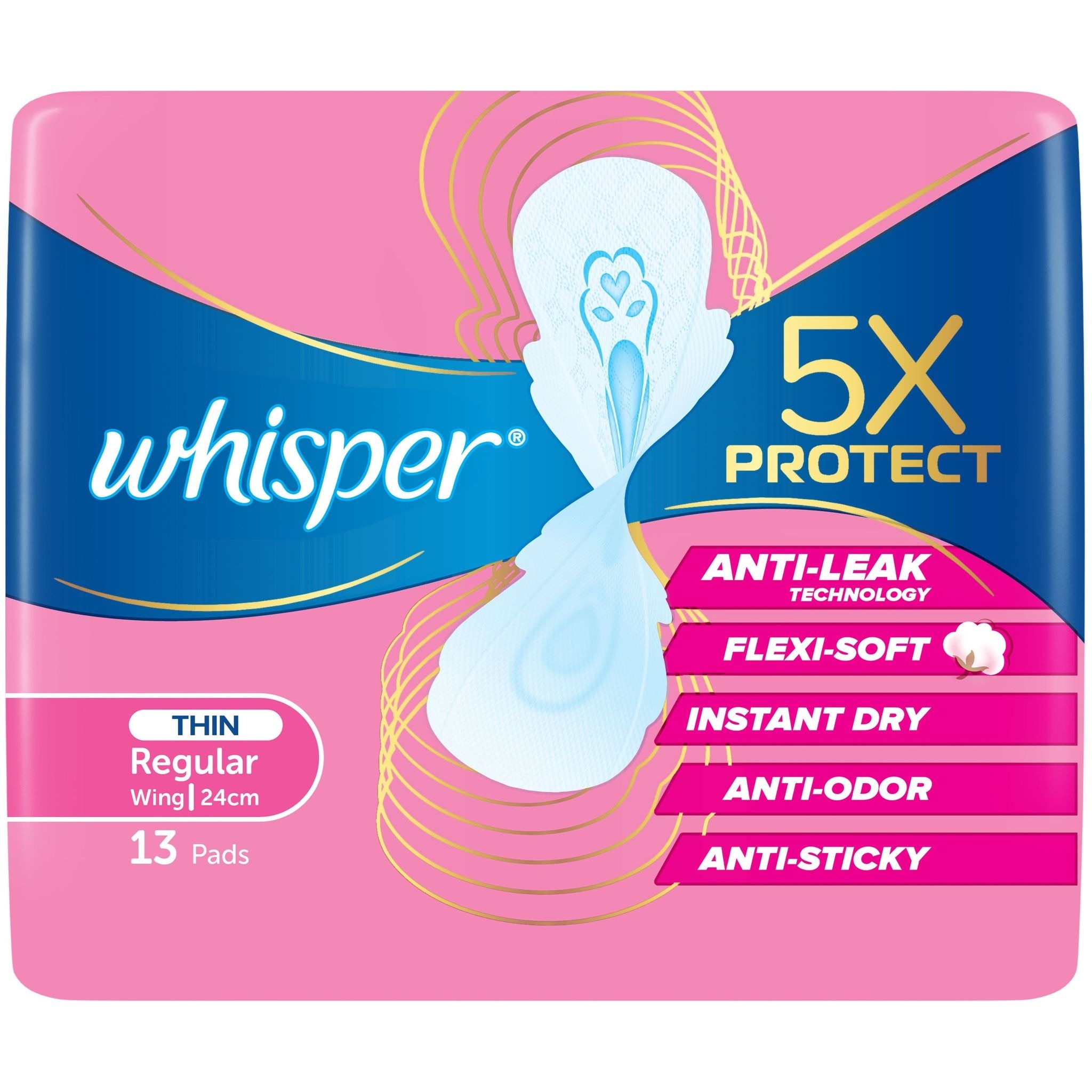 WHISPER 5x Protect Thin Regular Wing Sanitary Pads 24cm 13 pads