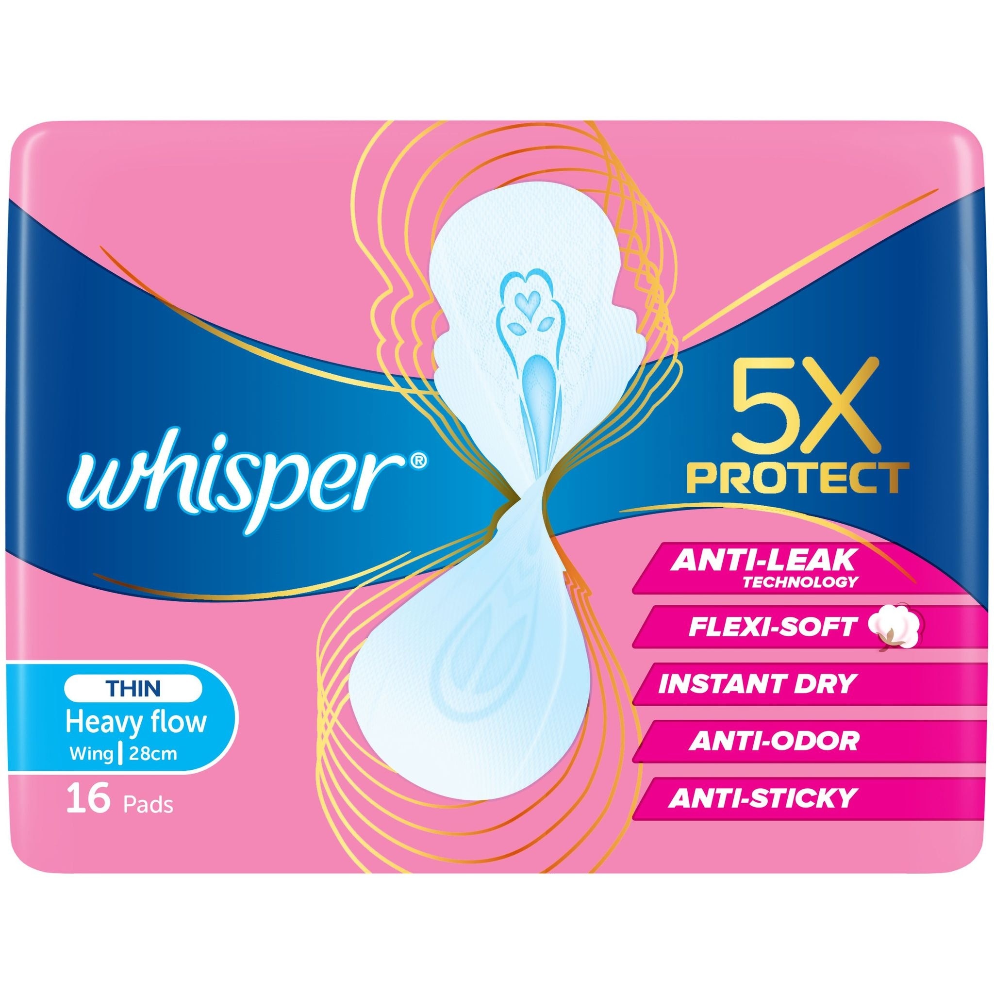 WHISPER 5x Protect Thin Heavy Wing Sanitary Pads 28cm 16 pads