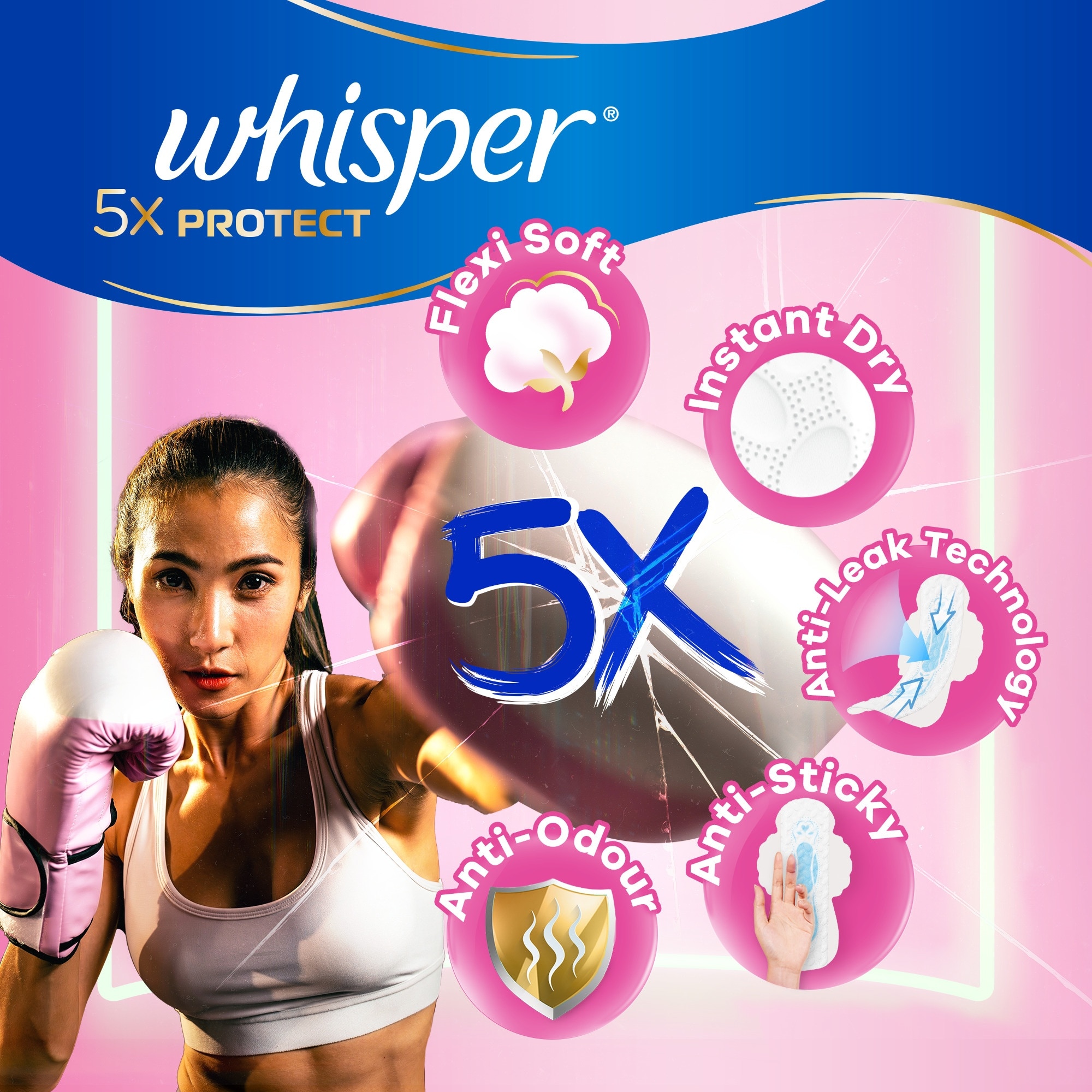 WHISPER 5x Protect Thin Heavy Wing Sanitary Pads 28cm 16 pads