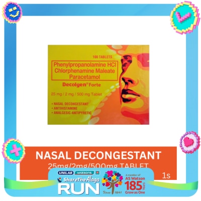 DECOLGEN DECOLGEN Phenylephrine HCl 10mg Paracetamol 500mg Chlorphenamine maleate 2mg Tablet Sold Per Piece