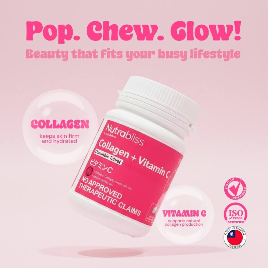 NUTRABLISS Collagen + Vitamin C Passion Fruit Flavor Food Supplement 120 Chewable Tablets (Expiry: Nov. 2025)