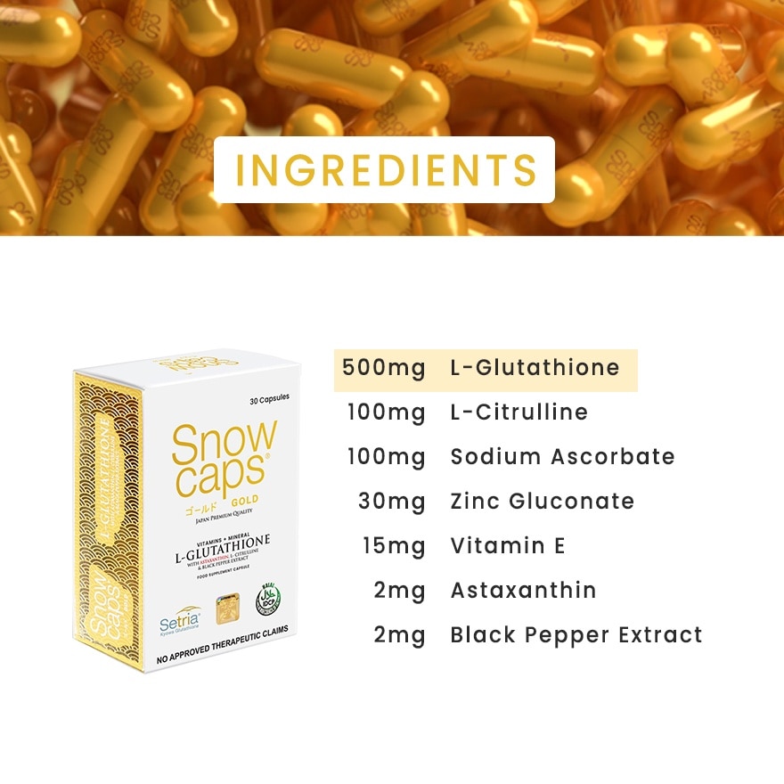 SNOW CAPS Gold L-Glutathione 749mg 30s with Free Snow Skin Whitening Soap