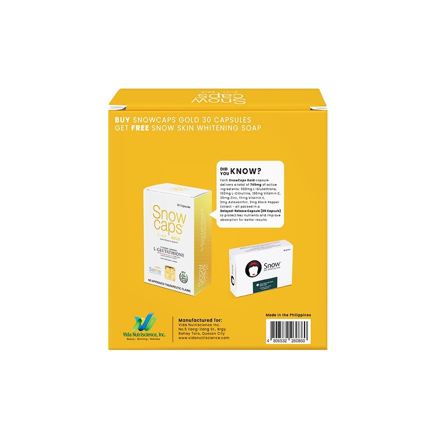 SNOW CAPS Gold L-Glutathione 749mg 30s with Free Snow Skin Whitening Soap