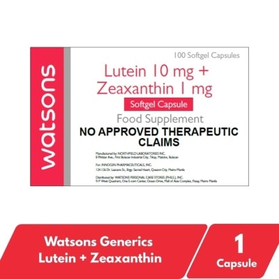 WATSONS GENERICS WATSONS GENERICS WATSONS GENERICS Lutein 10mg Plus Zeaxanthin 1mg Softgel Capsule Sold Per Piece