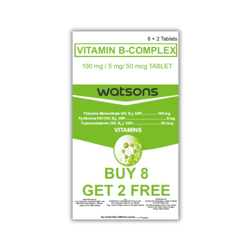 WATSONS GENERICS Vitamin B-Complex 100mg/ 5mg/ 50mcg Tablet 8 + 2 Pack